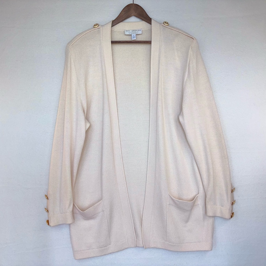 St. John Basics Santana Knit Cream Open Cardigan Gold Button Ivory Large